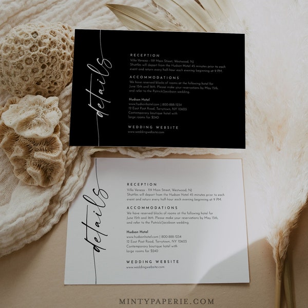 Classic Black Details Card, Modern Wedding Invitation Insert, Enclosure Card, Wedding Website, Accommodation, Editable, 4x6 #0034B-201EC