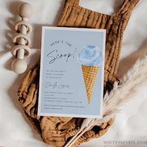 Ice Cream Baby Shower Invitation Template, Here&#39;s The Scoop, Sweet, Boy Baby Shower Invite, Instant Download, Editable Text #0035B-339BS