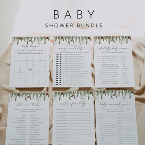 Winter Baby Game Bundle, 22 Pine Baby Shower, Editable Templates, Personalize, Parent Advice, Diaper Raffle, Instant, Templett #0017-BBGB