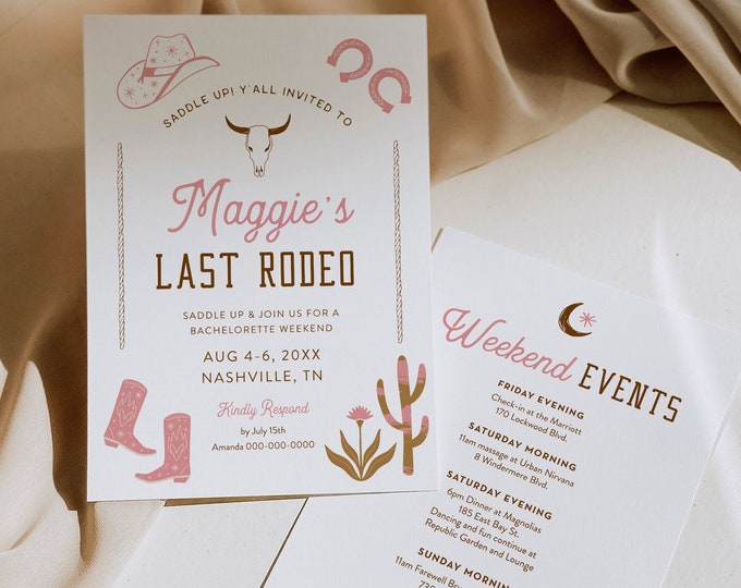 Last Rodeo Bachelorette Weekend Invitation & Itinerary, Western, Nash Bash, Nashville, Editable Template, Templett, Instant #0040-156BP