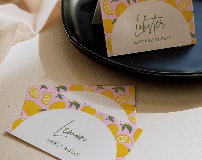 Lemon Place Card Template, Buffet Card, Food Label, Printable Seating Card, Meal Option, Instant Download, Editable, Templett #0046-220PC