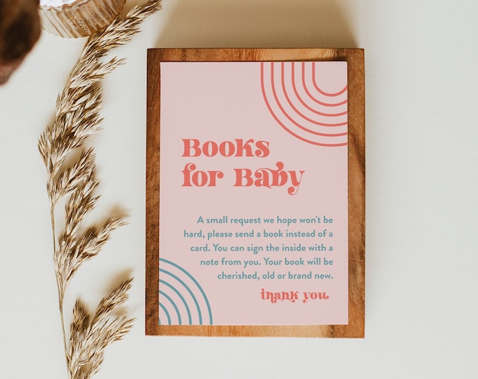 Retro Books for Baby Card, Book Request, Midcentury, Arch Lines, Gender Neutral Baby Shower Book Insert, Editable, Templett #0051-170BFB