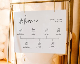 Minimalist Welcome Sign Template, Printable Wedding Day Timeline with Icons, Order of Events, Instant Download, 100% Editable #095A-248LS