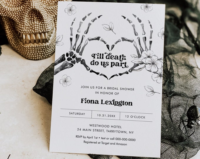 Halloween Bridal Shower Invitation Template, Skeleton, Till Death Do Us Part, Instant Download, 100% Editable Text, Templett #0045-347BS