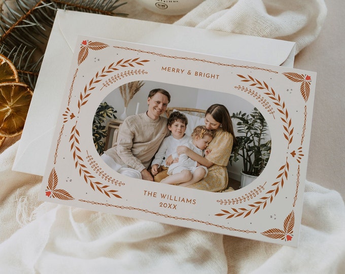 Folk Holiday Card Template, Photo Christmas Card, Hygge Line Art, Editable Text, Change Colors, Instant Download, Templett, 5x7 Horz #180HP