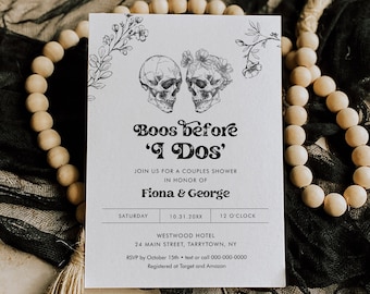 Halloween Bridal Shower Invitation Template, Skeleton, Skull, Boos Before I Dos, Instant Download, Editable Text, Templett #0045-349BS