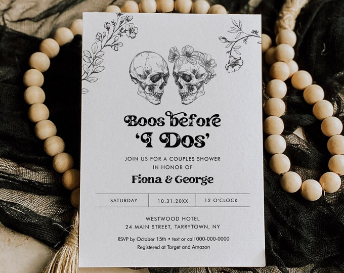 Halloween Bridal Shower Invitation Template, Skeleton, Skull, Boos Before I Dos, Instant Download, Editable Text, Templett #0045-349BS