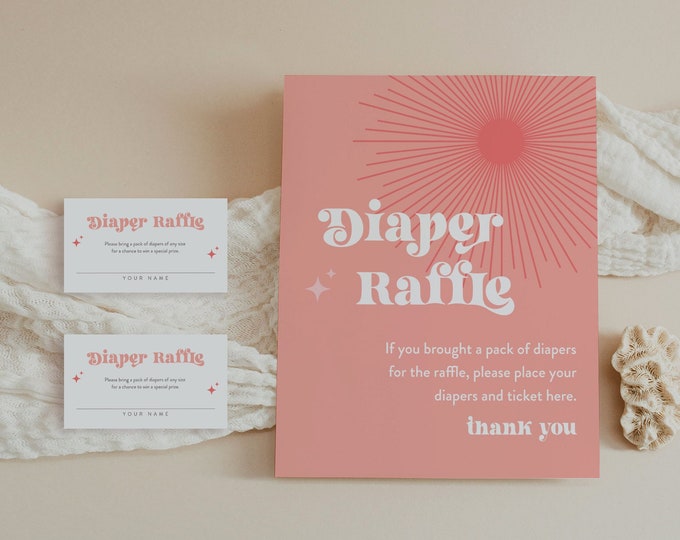 Retro Diaper Raffle Game, Printable Vintage Sunburst Baby Shower Diaper Raffle Insert & Sign, Editable Template, Instant Download 0050-134DR