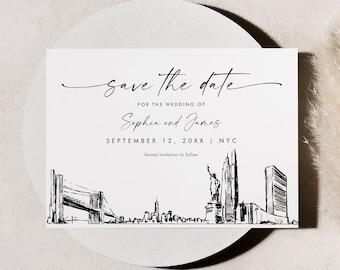 New York City Skyline Save the Date, Destination Wedding NYC Line Art, Wedding Date, Editable Template, Templett, 5x7 #0047-212SD
