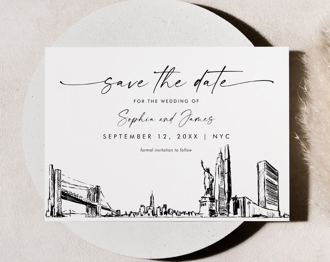 New York City Skyline Save the Date, Destination Wedding NYC Line Art, Wedding Date, Editable Template, Templett, 5x7 #0047-212SD