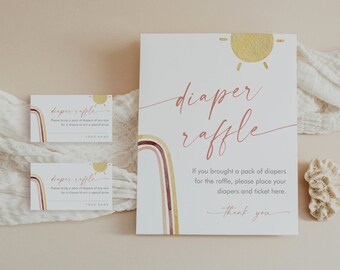 Diaper Raffle Game, Printable Bohemian Rainbow Sun Baby Shower Diaper Raffle Insert & Sign, Editable Template, Instant Download #0055-130DR
