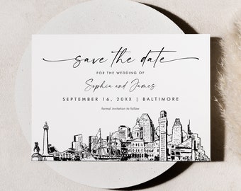Baltimore Skyline Save the Date, Destination Wedding Baltimore City Wedding Date, Editable Template, Templett, 5x7 #0047-212SD