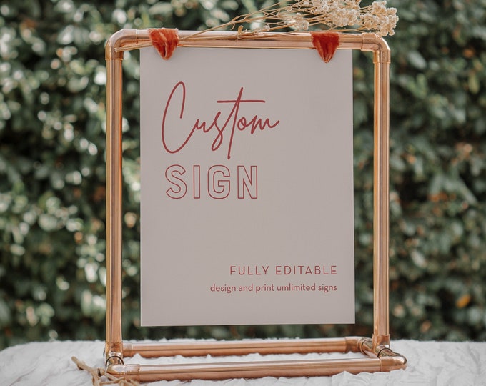 Custom Sign Template, Modern Chic Wedding or Bridal Shower Table Sign, Modern Script, Create Any Sign, Templett #055-207CS