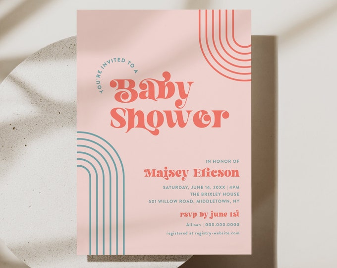 Retro Baby Shower Invitation, Gender Neutral, Vintage, Midcentury, Groovy Vibes, Editable Template, Instant Download, Templett #0051-245BA