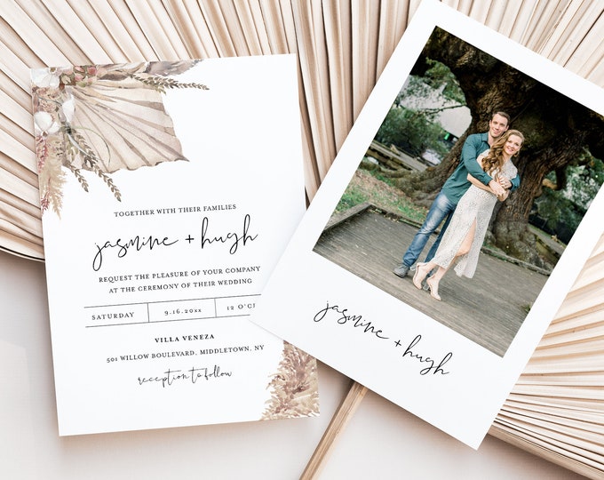 Dried Foliage Wedding Invitation Set, Bohemian Pampas, Palm Invite, RSVP, Detail, Editable Template, Instant Download, Templett #0022C