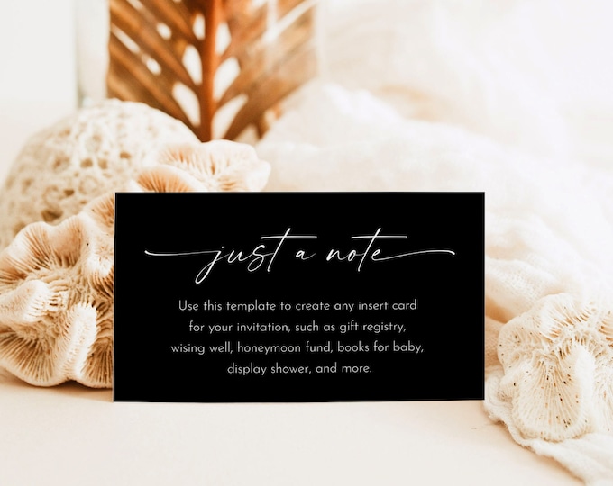 Classic Black Enclosure Card, Modern Wedding Invitation Insert, Bridal /  Baby Shower Insert, Editable Details & Info, 3.5x2 #0034B-200EC