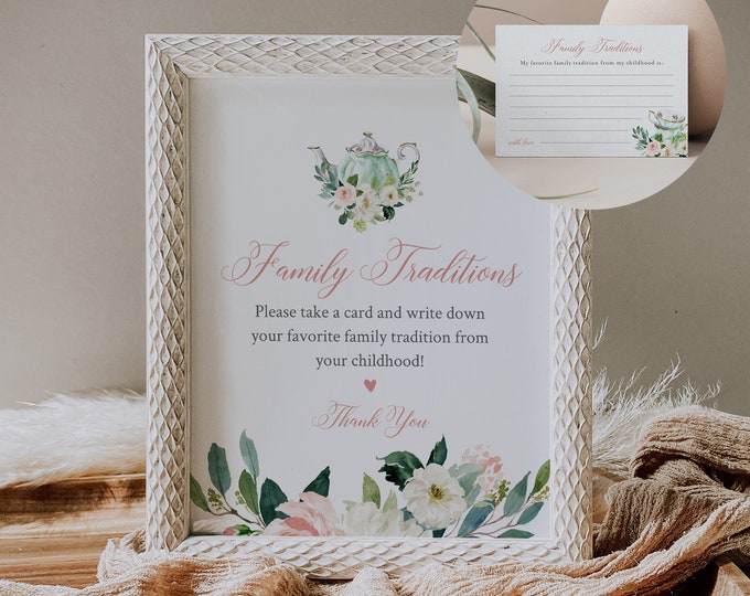 Family Traditions Sign and Card, Tea Party Baby Shower, Share a Memory, Childhood Memory, Editable Template, Instant, Templett #085-407BASG
