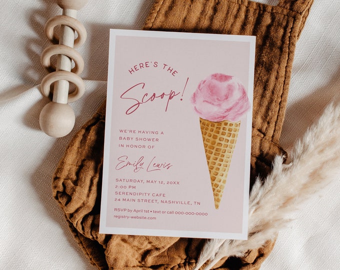 Ice Cream Baby Shower Invitation Template, Here's The Scoop, Sweet, Instant Download, Girl Baby Shower Invite, Editable Text #0035-339BS