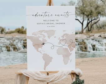 Travel Bridal Shower Welcome Sign, World Map, Destination Wedding, International, Instant Download, Editable Template, Templett #0039-345LS
