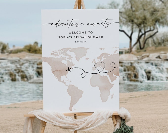 Travel Bridal Shower Welcome Sign, World Map, Destination Wedding, International, Instant Download, Editable Template, Templett #0039-345LS