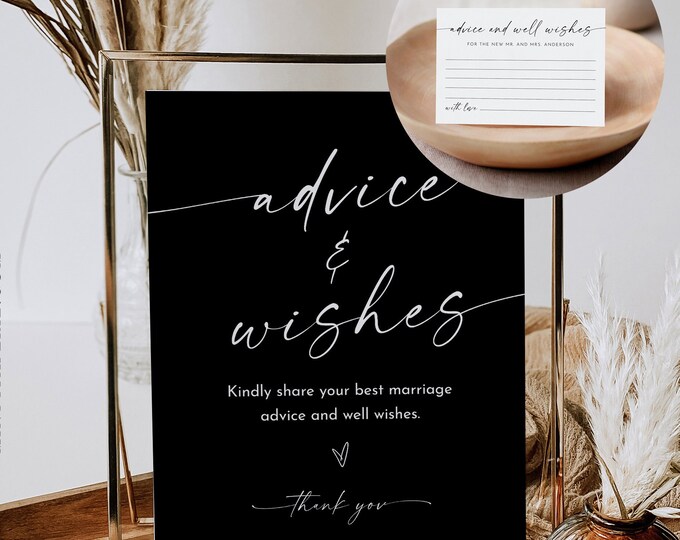 Advice & Wishes Sign and Card, Guest Book Printable, Well Wishes, Editable, Instant Download, Templett, 8x10 Sign, 3.5x5 Card #0034B-135AC
