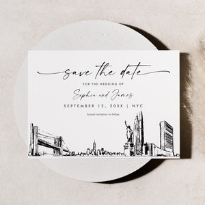 New York City Skyline Save the Date, Destination Wedding NYC Line Art, Wedding Date, Editable Template, Templett, 5x7 #0047-212SD
