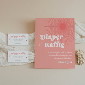 Retro Diaper Raffle Game, Printable Vintage Sunburst Baby Shower Diaper Raffle Insert & Sign, Editable Template, Instant Download 0050-134DR