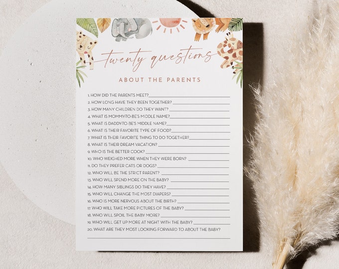 20 Questions About the Parents, Twenty Questions Game, Safari Jungle Baby Shower, Editable Text, Instant Download, Templett, 5x7 #0054-41BAG