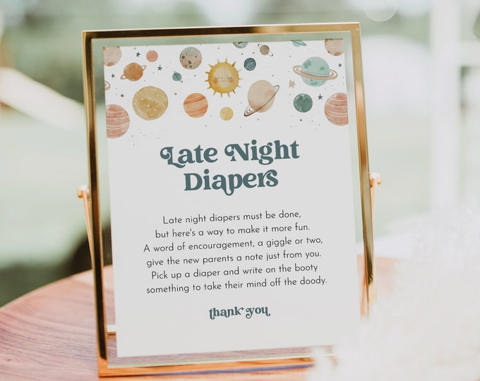 Space Late Night Diapers Sign, Planets Baby Shower Game, Diaper Notes, Gender Neutral, Editable Template, Instant, Templett #0052A-22BAG