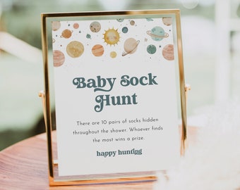 Space Baby Sock Hunt Game, Planets Baby Shower Game, Sock Hunt Sign, Editable Template, Printable, Instant Download, Templett #0052A-05BAG