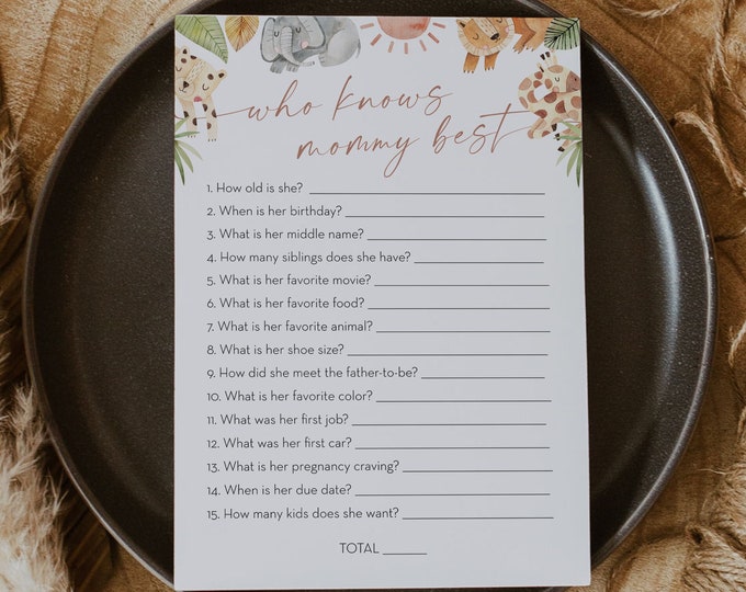 Safari Who Knows Mommy Best Baby Shower Game, Jungle Baby Shower, How Well Do You Know, Editable Template, Personalize Questions #0054-07BAG