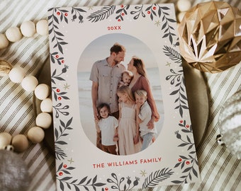 Holly Holiday Card Template, Photo Christmas Card, Winter Greenery, Editable Text, Change Colors, Instant Download, Templett, 5x7 #2