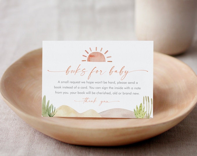 Sun Books for Baby Card, Book Request, Boho Desert Baby Shower Invitation Book Insert, Editable, Templett, 2 Sizes Included #0053-173BFB