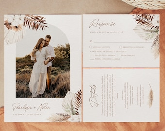 Bohemian Photo Wedding Invitation Set, Pampas Grass, Palm, Boho, Arch, Editable Template, Printable, Instant Download, Templett 2022 #0028AA