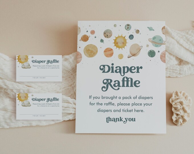 Space Diaper Raffle Game, Printable Galaxy Planets Sun Baby Shower Diaper Raffle Insert & Sign, Editable Template, Instant #0052A-133DR