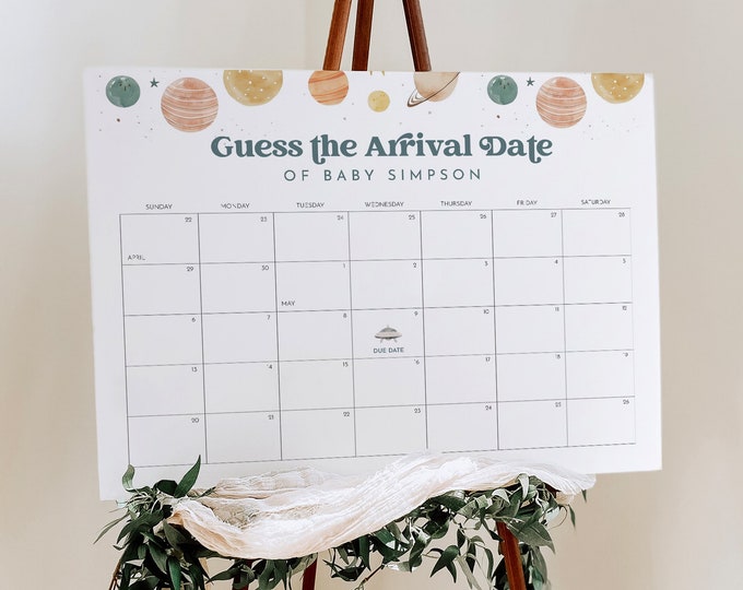 Baby Arrival Date Calendar Sign, Guess the Birthday, Space Planets Baby Shower Game, Editable Template, Instant, Templett #0052A-117GDD