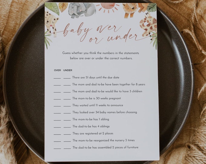 Safari Over or Under Baby Shower Game, Printable Jungle Baby Shower Game, Gender Neutral, Editable, Instant Download, Templett  #0054-15BAG