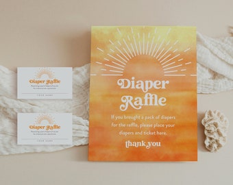 Sun Diaper Raffle Game, Printable Retro Sunburst Baby Shower Diaper Raffle Insert & Sign, Editable Template, Instant Download #0048-132DR