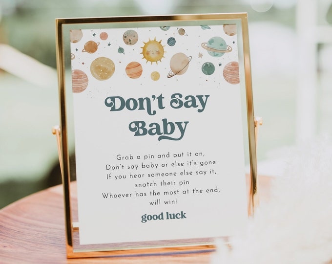 Space Don't Say Baby Clothespin Game, Planets Baby Shower Sign, Gender Neutral, Editable Template, Printable, Instant, Templett #0052A-24BAG