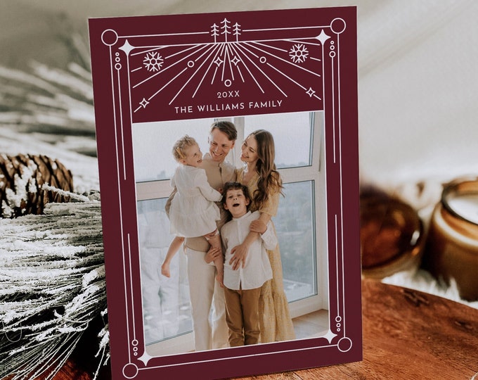 Art Deco Holiday Card Template, Photo Christmas Card, Line Art, Editable, Change Colors, Instant Download, Templett, 5x7 #178HP