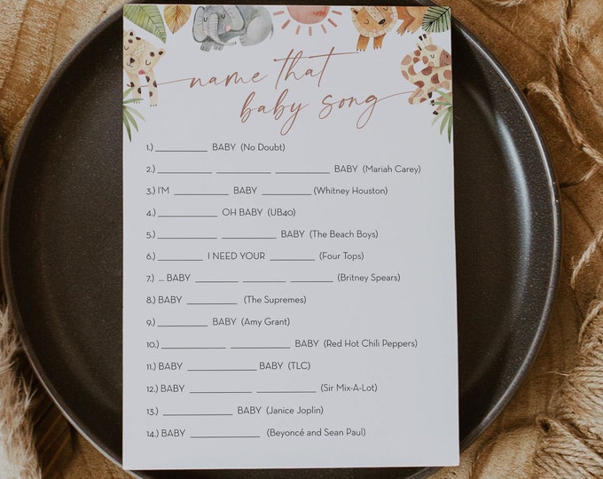 Safari Name That Baby Song Game Template, Printable Jungle Baby Shower Game, Gender Neutral, Editable, Instant Download, Templett 0054-23BAG