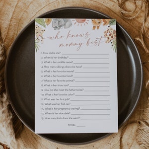 Safari Who Knows Mommy Best Baby Shower Game, Jungle Baby Shower, How Well Do You Know, Editable Template, Personalize Questions #0054-07BAG