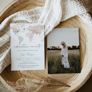 Reizen baby shower uitnodiging sjabloon, avontuur wacht, wereldkaart baby shower uitnodigen, bewerkbare, Instant Download, Templett #0039-246BA