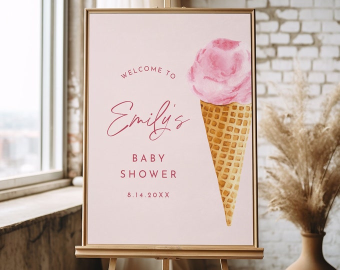 Baby Shower Welcome Sign, Baby Girl Shower, Ice Cream Scoop, Pink, Editable Template, Instant Download, Templett, 18x24, 24x36 #0035-362LS