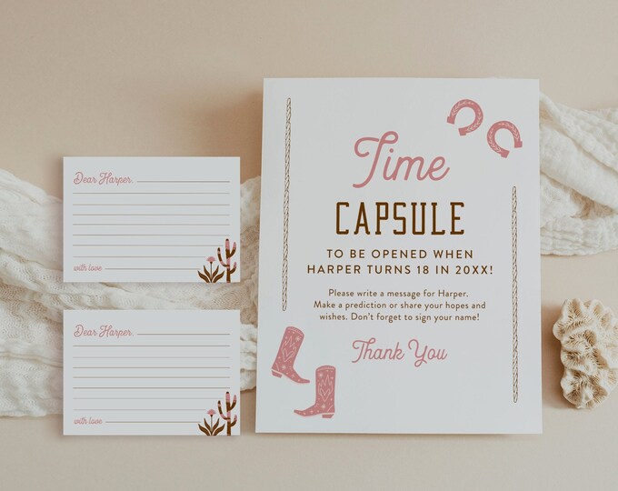 Western Baby Girl Time Capsule, Cowboy Baby Shower, Baby Wishes, Editable Template, Printable, Instant Download, Templett #0040-25BAG