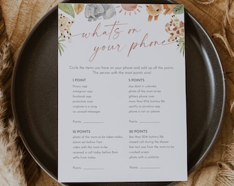 Safari What's on Your Phone Game, Jungle Baby Shower Game, Printable Phone Game, EditableTemplate, Instant Download, Templett #0054-16BAG