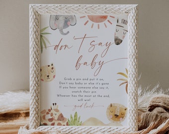 Safari Don't Say Baby Clothespin Game, Jungle Baby Shower Sign, Gender Neutral, Editable Template, Printable, Instant, Templett #0054-24BAG