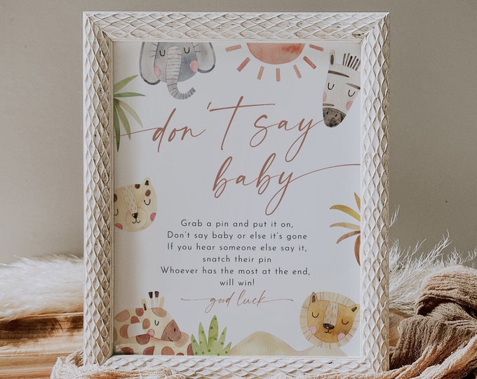 Safari Don't Say Baby Clothespin Game, Jungle Baby Shower Sign, Gender Neutral, Editable Template, Printable, Instant, Templett #0054-24BAG