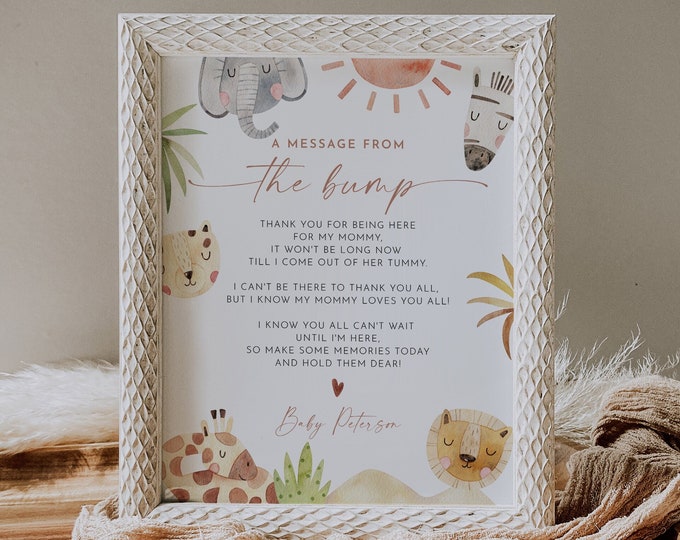 Message from the Bump Sign, Safari Baby Shower Template, Editable Message from Baby, Gender Neutral, Instant Download, Templett #0054-18S