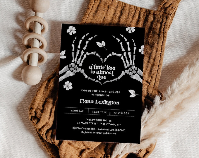 Halloween Baby Shower Invitation, A Little Boo Almost Due, Skeleton Heart, Editable Template, Instant Download, Templett #0045-245BA